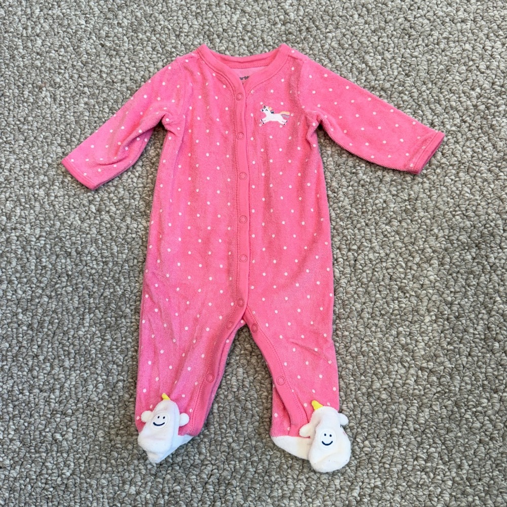 Carters Baby Girl Pink Polka‎ Dot Unicorn Snap Up Footie Sleeper Size 3 Months
